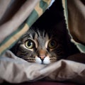 A fearful cat hiding inside a shopper kraft, cardboard