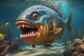 Fearful piranha with teeth and open mouth in water