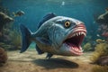 Fearful piranha with teeth and open mouth in water