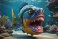 Fearful piranha with teeth and open mouth in water