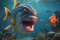 Fearful piranha with teeth and open mouth in water