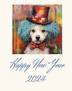postcard Happy New Year 2024 portrait of a Bichon Friese