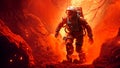 A fearless astronaut in a space suit fearlessly walks through a dark and mysterious cave, An astronaut exploring the surface of