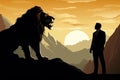 Fearless business leader standing by a large lion. Generative AI