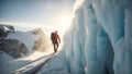 A fearless climber navigating a treacherous ice wall, their ice axes glinting in the sunlight