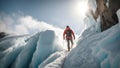 A fearless climber navigating a treacherous ice wall, their ice axes glinting in the sunlight