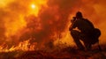 A fearless correspondent crouches in front of a towering wildfire capturing footage for an urgent news report. The sun