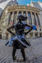 Fearless Girl bronze sculpture in front of New York Stock Exchange