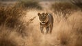 A lion chasing after a prey in the savanna created with Generative AI