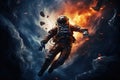 A fearless man in a space suit flies gracefully through the air, defying gravity and exploring the unknown, Portrait of astronaut