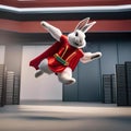 A fearless rabbit wearing a superhero costume, leaping through the air to save the day3
