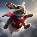 A fearless rabbit wearing a superhero costume, leaping through the air to save the day1