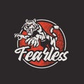 Fearless slogan with tiger drawing retro texture for t-shirt design, vector illustration element vintage style. Old look with