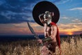 Fearless young Spartan warrior posing in the field Royalty Free Stock Photo