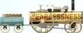 Fearlessness and success - symbolized by a steam car pulling a success wagon loaded with gold bars to show that Fearlessness is