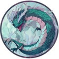 A fearsome dragon depicted in a circular label. Eastern mythological creature. vetctor illustration, white background, label,