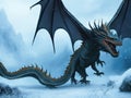 AI generated image of Scary dragon with sharp teeth and a long tail in the snow