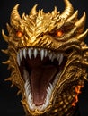 A fearsome dragon with teeth. Golden dragon with teeth and open mouth, generated AI