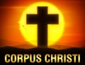The Feast of Corpus Christi Event background with Religion Cross Symbol in the evening. Sunset backdrop