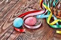 Feast of Easter, painted easter eggs, basket decorated with ribbons Royalty Free Stock Photo