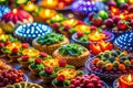 Feast for the Eyes Intricate Patterns of Colorful LED Lights Drape Over a Vibrant Array of Delicious Food Royalty Free Stock Photo