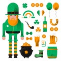 Feast of Saint Patrick. Leprechaun, beer and clover, flat vector icon set.Card for St. Patrick`s Day with leprechaun in hat. Royalty Free Stock Photo