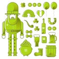 Feast of Saint Patrick. Leprechaun, beer and clover, flat vector icon set.Card for St. Patrick`s Day with leprechaun in