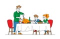 Feast, Thanksgiving Day Celebration Concept, Happy Family Dad and Kids Characters Sit at Table with Food and Drinks