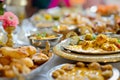 A feast of various Indian dishes served in bowls and plates, prominently featuring chicken curry, in a colorful banquet Royalty Free Stock Photo