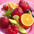 Pink Plate with a Mix of Fruits: Orange, Strawberries, Raspberry, Lemon, Mint, and Blueberry Blackcurrant Royalty Free Stock Photo