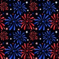 Festive Fireworks show seamless pattern. Red and blue salutes sparkles in the night sky. Celebration of Fourth of July, New Year