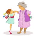 Vector illustration of a little girl kissing her senior grandmother`s hand in Feast of Ramadan celebration. Girl is hiding a bunch