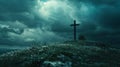 Dark stormy sky over the cross in the meadow. 3d render Royalty Free Stock Photo