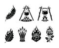 Feather campfire rose elements set vector illustration black icons flame motifs Royalty Free Stock Photo