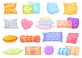 Feather cushions. Cartoon textile colorful pillows, decor cushion heart shape and comfy fabric pillows for home bed or Royalty Free Stock Photo