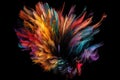 Feather explosion in vibrant hues against a black background