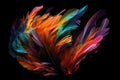 Feather explosion in vibrant hues against a black background