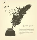 Feather with flying birds and ink Royalty Free Stock Photo