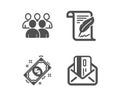 Feather, Group and Payment icons. Credit card sign. Copyright page, Developers, Finance. Mail. Vector