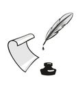 Feather, inkwell, roll paper. Vector gray flat illustration. I