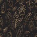 Feather pattern. Seamless texture with hand drawn bird quills. Golden plumage sketch. Black textile print with animal Royalty Free Stock Photo