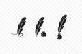 Feather pen drawing and ink graphic design. Vintage old quill pen with inkwell vector design Royalty Free Stock Photo