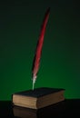 Feather pen with inkwell and old book on wooden table Royalty Free Stock Photo