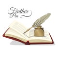 Feather pen and inkwell on open book vector illustration isolated Royalty Free Stock Photo