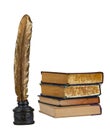 Feather pen statue and stack books isolated Royalty Free Stock Photo