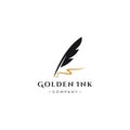 Feather quill pen golden ink logo , vintage Fountain pen logo with gold ink icon, luxury elegant classic stationery illustration i Royalty Free Stock Photo