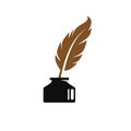Feather quill pen logo with inkpot icon, classic stationery illustration Royalty Free Stock Photo