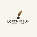 Feather Quill Pen Logo With Inkpot Icon, Classic Stationery Illustration
