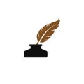 Feather quill pen logo with inkpot icon, classic stationery illustration