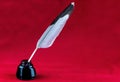 Feather Quill Pen Standing in an Ink Bottle on a Red Background Royalty Free Stock Photo